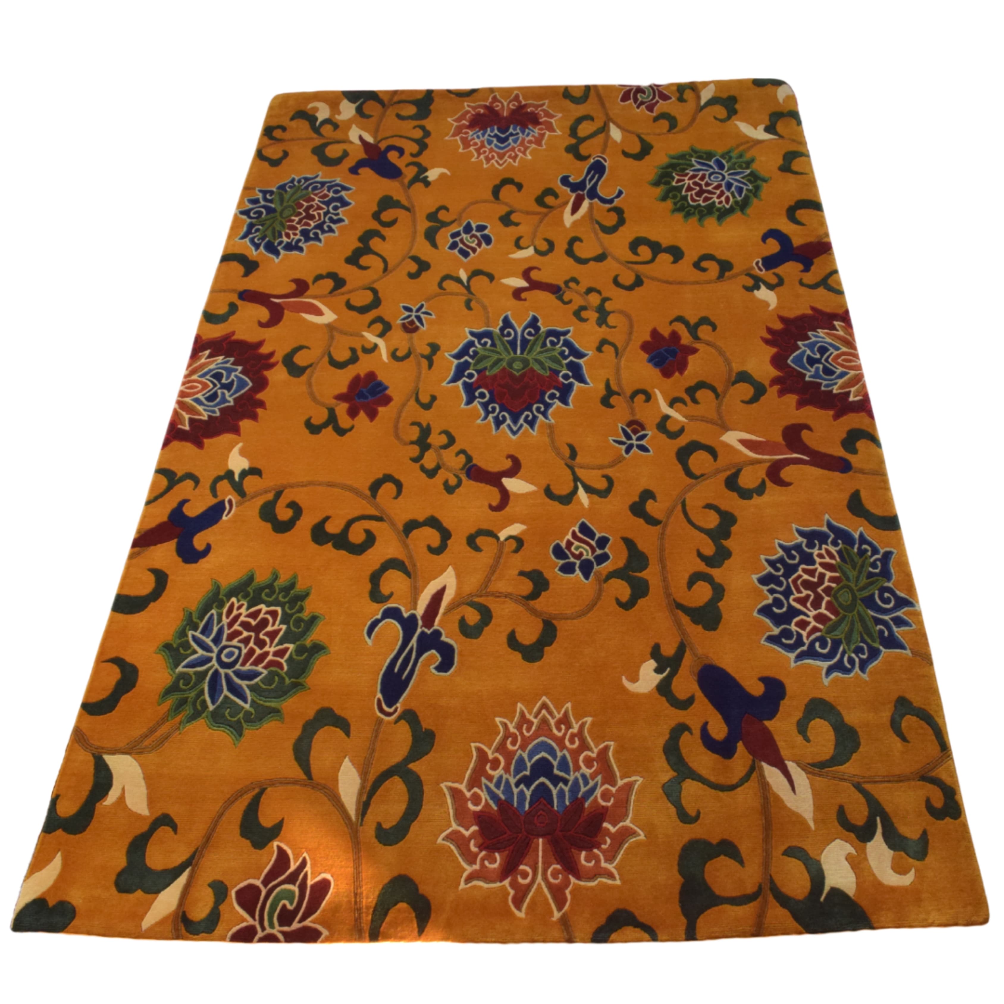 Handmade Nepal Tibetan Wool Carpet – Golden Lotus Floral Vine Design