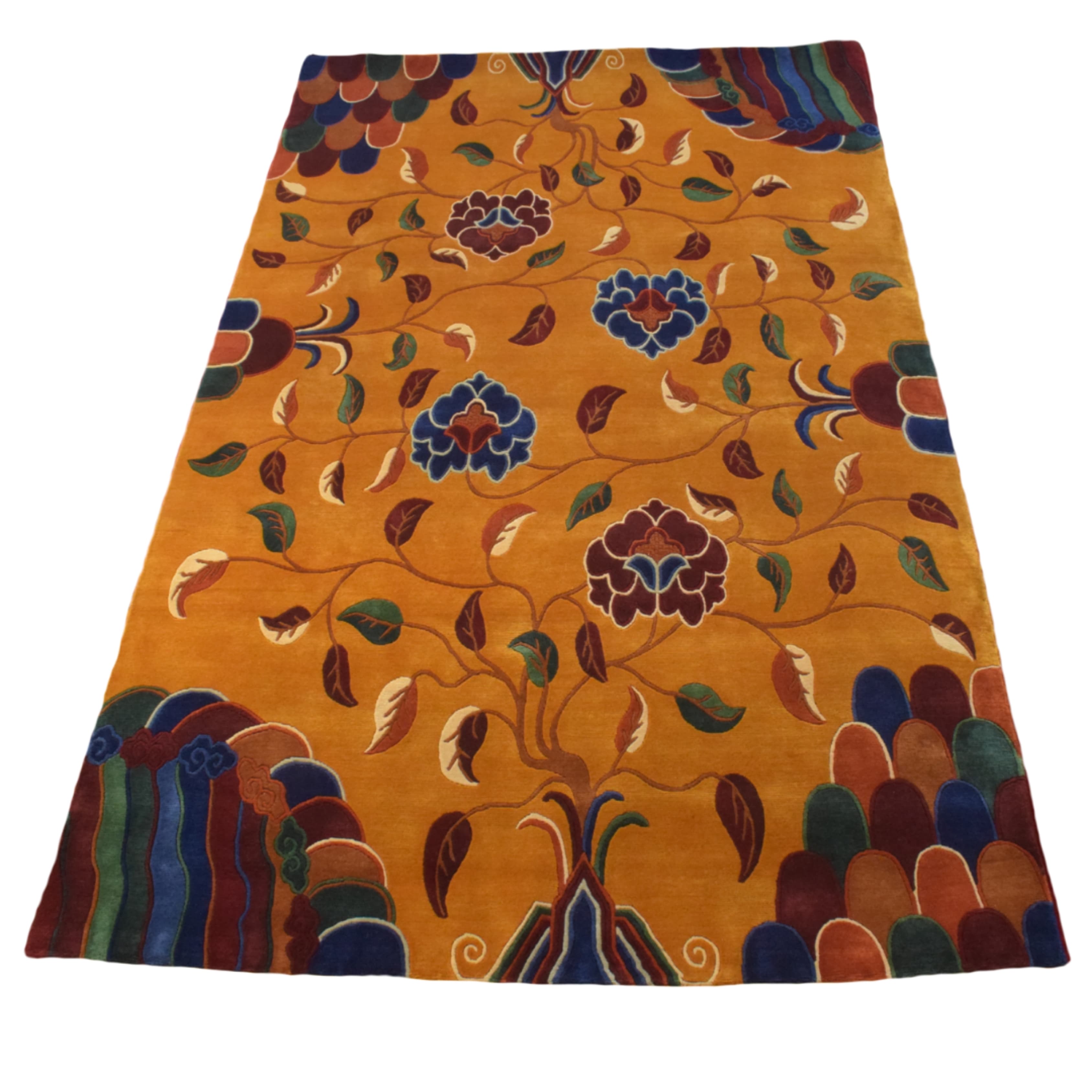 Handmade Nepal Tibetan Wool Carpet – Golden Tree of Life Floral Design