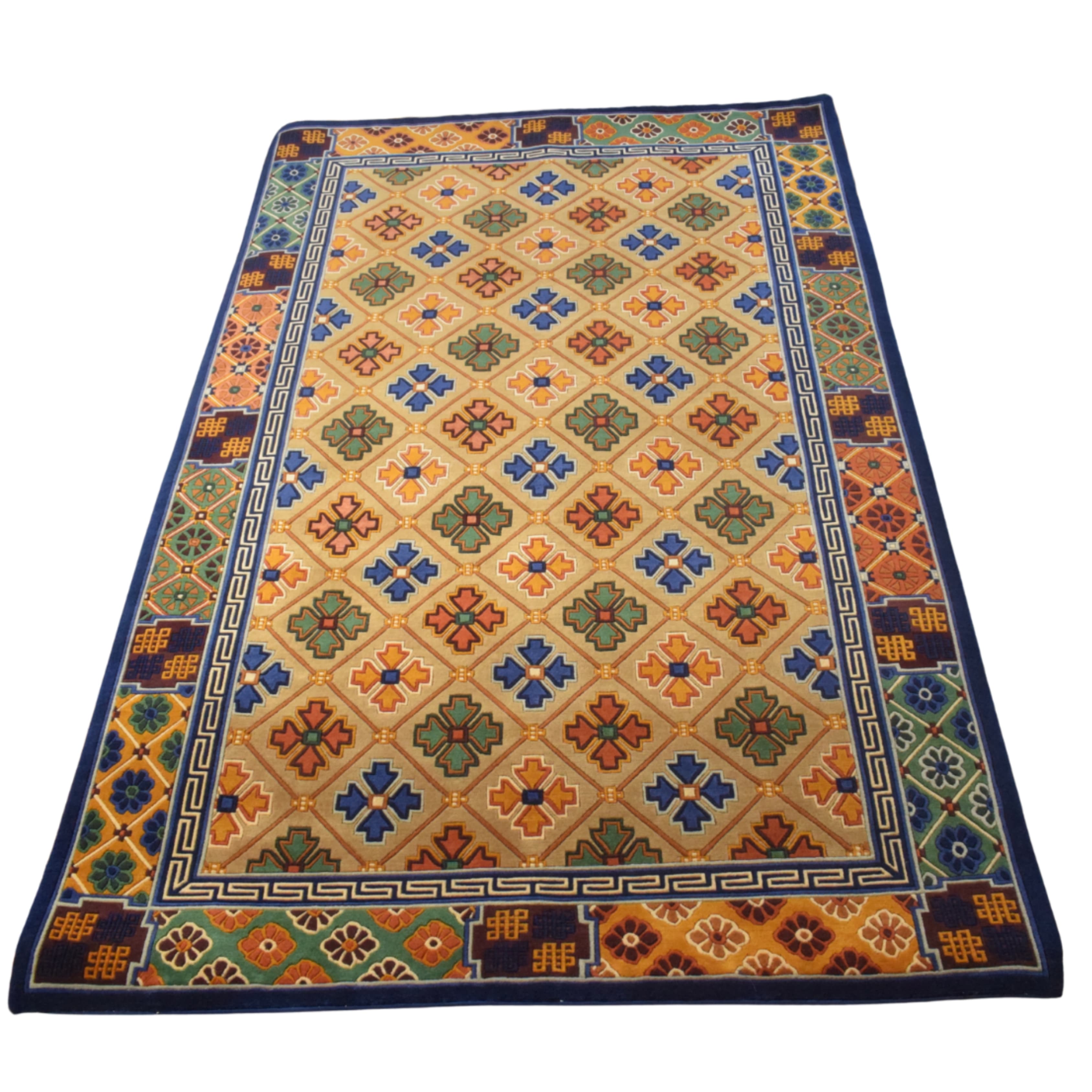 Handmade Nepal Tibetan Wool Carpet – Beige Geometric Diamond Pattern